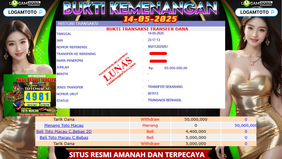 SELAMAT KEPADA MEMBER SETIA LOGAMTOTO BERHASIL JACKPOT MENANG TEBAK ANGKA DI PASARAN TOTO MACAU PADA JAM 23.000 WIB
