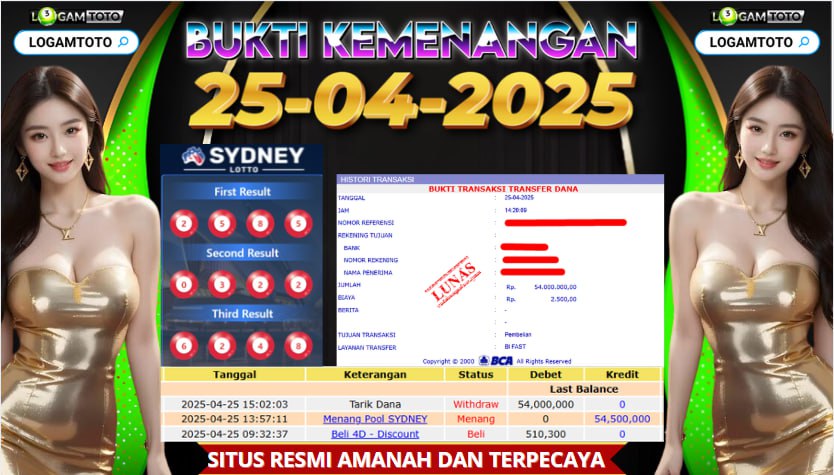 SELAMAT KEPADA MEMBER SETIA LOGAMTOTO YANG TELAH MENDAPATKAN MEGA JACKPOT DI PERMAINAN TOGEL SYDNEY LOTTO !