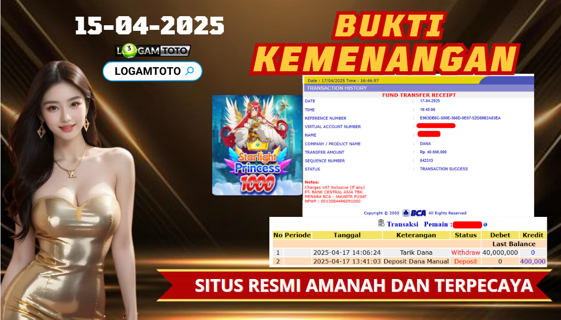 SELAMAT KEPADA MEMBER SETIA LOGAMTOTO BERHASIL JACKPOT DI PERMAINAN SLOT STARLIGHT PRINCESS 1000