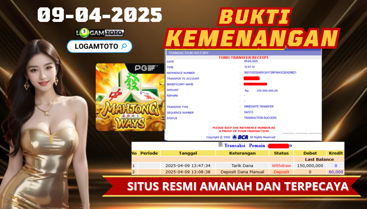 SELAMAT KEPADA MEMBER SETIA LOGAMTOTO BERHASIL JACKPOT DI PERMAINAN SLOT MAHJONG WAYS 