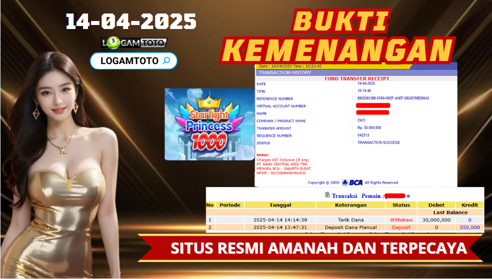 SELAMAT KEPADA MEMBER SETIA LOGAMTOTO BERHASIL JACKPOT DI PERMAINAN SLOT STARLIGHT PRINCESS 1000