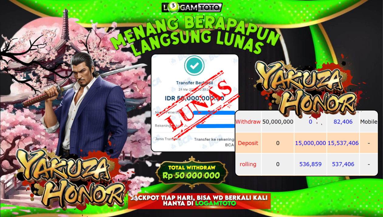 SELAMAT KEPADA MEMBER SETIA LOGAMTOTO BERHASIL JACKPOT 50.000.000 di SLOT YAKUZA HONOR