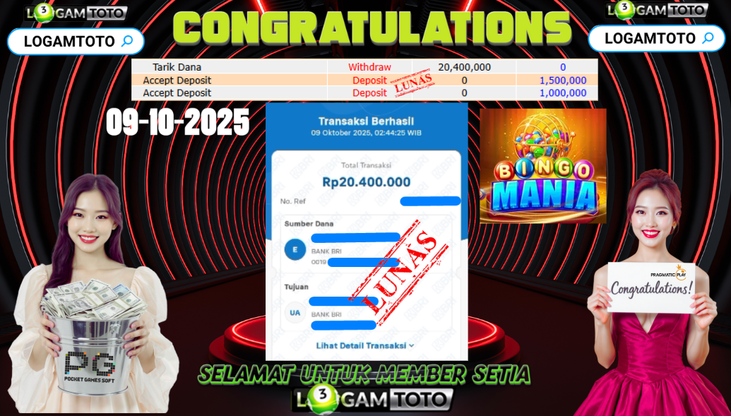SELAMAT KEPADA MEMBER SETIA LOGAMTOTO BERHASIL JACKPOT DI PERMAINAN SLOT BINGO MANIA