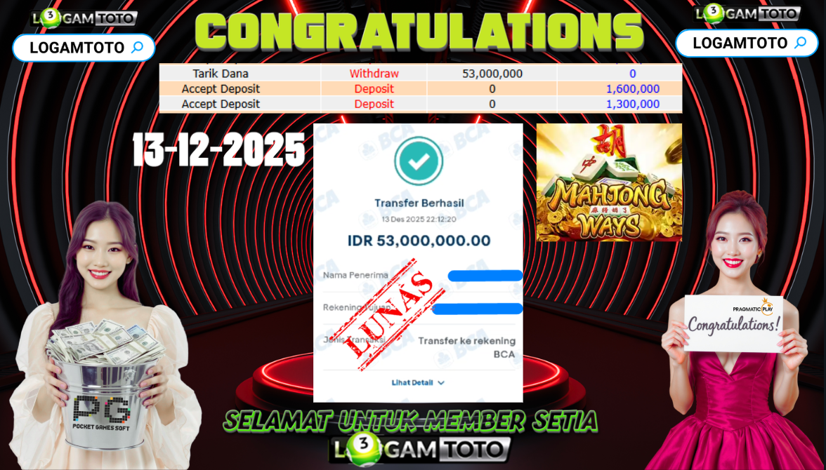 SELAMAT KEPADA MEMBER SETIA LOGAMTOTO BERHASIL JACKPOT DI PERMAINAN SLOT MAHJONG WAYS