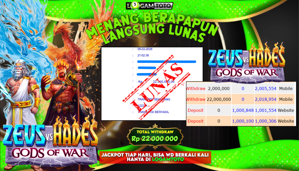 SELAMAT KEPADA MEMBER SETIA LOGAMTOTO BERHASIL JACKPOT 22.000.000 di ZEUS VS HADES GODS OF WAR