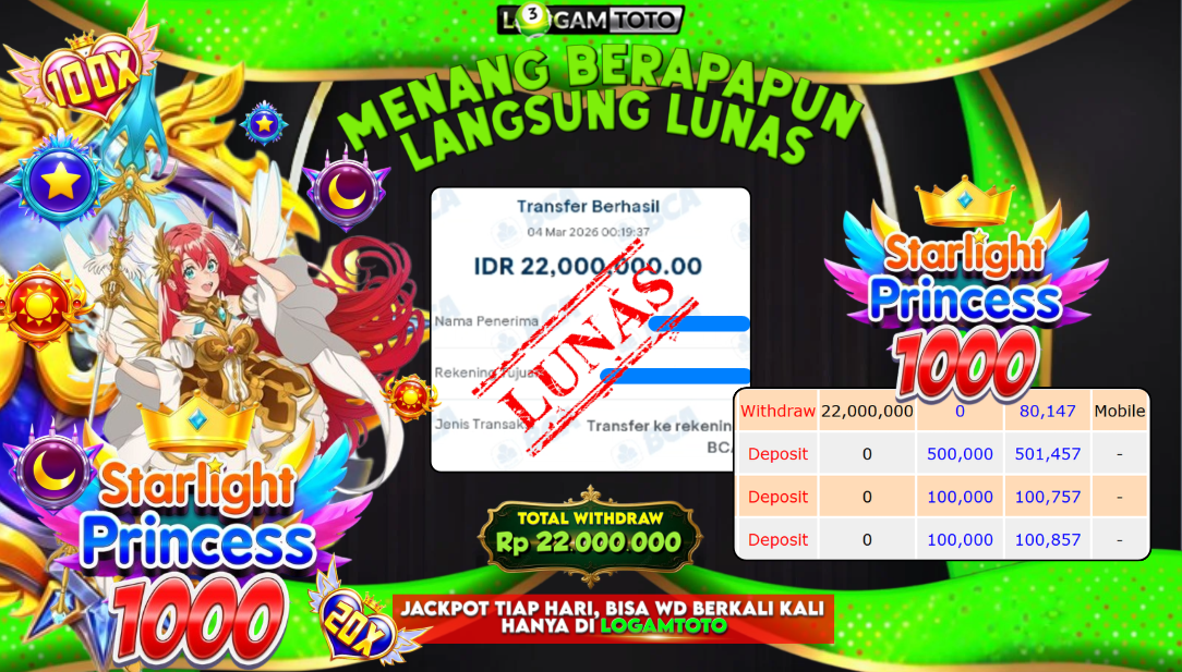 SELAMAT KEPADA MEMBER SETIA LOGAMTOTO BERHASIL JACKPOT 22.000.000 di SLOT STARLIGHT PRINCESS 1000