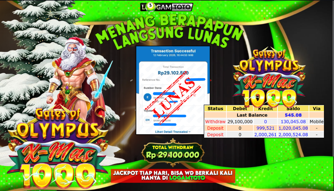 SELAMAT KEPADA MEMBER SETIA LOGAMTOTO BERHASIL JACKPOT 29.100.000 di SLOT GATES OF OLYMPUS X-MAS 1000