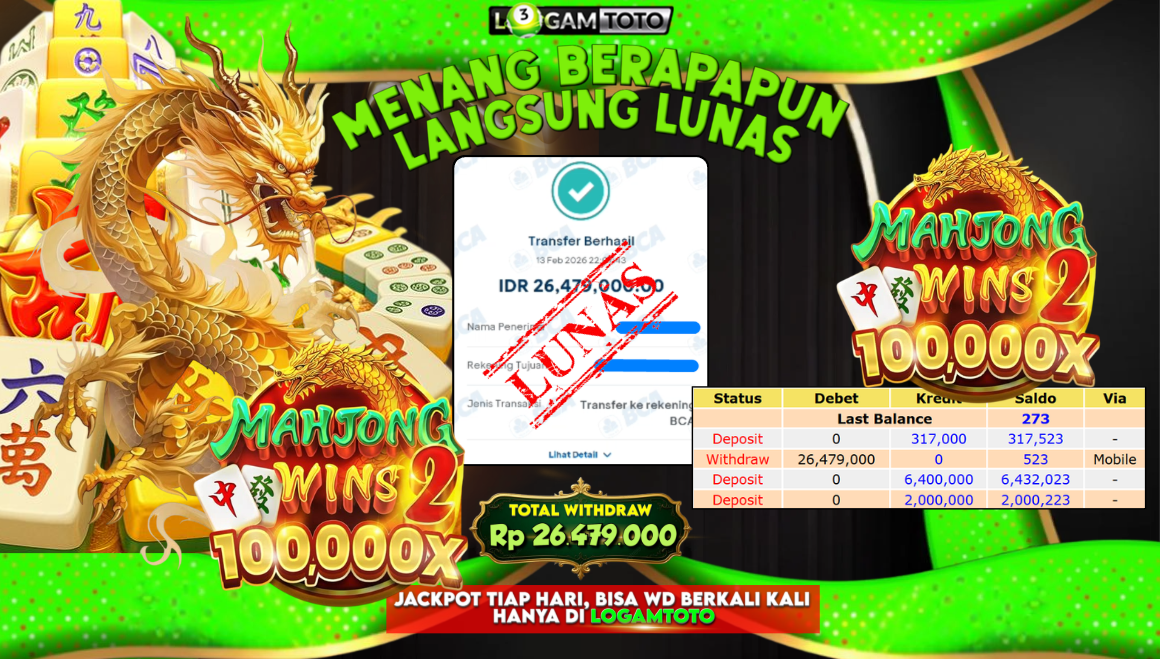 SELAMAT KEPADA MEMBER SETIA LOGAMTOTO BERHASIL JACKPOT 26.479.000 di SLOT MAHJONG WINS 2 100.000X