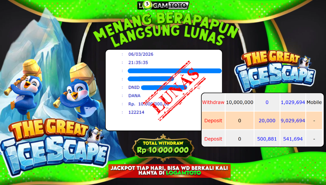 SELAMAT KEPADA MEMBER SETIA LOGAMTOTO BERHASIL JACKPOT 10.000.000 di SLOT THE GREAT ICESCAPE