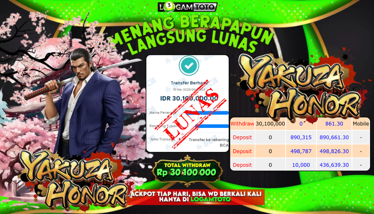 SELAMAT KEPADA MEMBER SETIA LOGAMTOTO BERHASIL JACKPOT 30.100.000 di SLOT YAKUZA HONOR