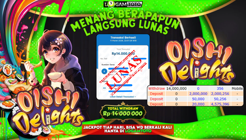SELAMAT KEPADA MEMBER SETIA LOGAMTOTO BERHASIL JACKPOT 14.000.000 di SLOT OISHI DELIGHTS