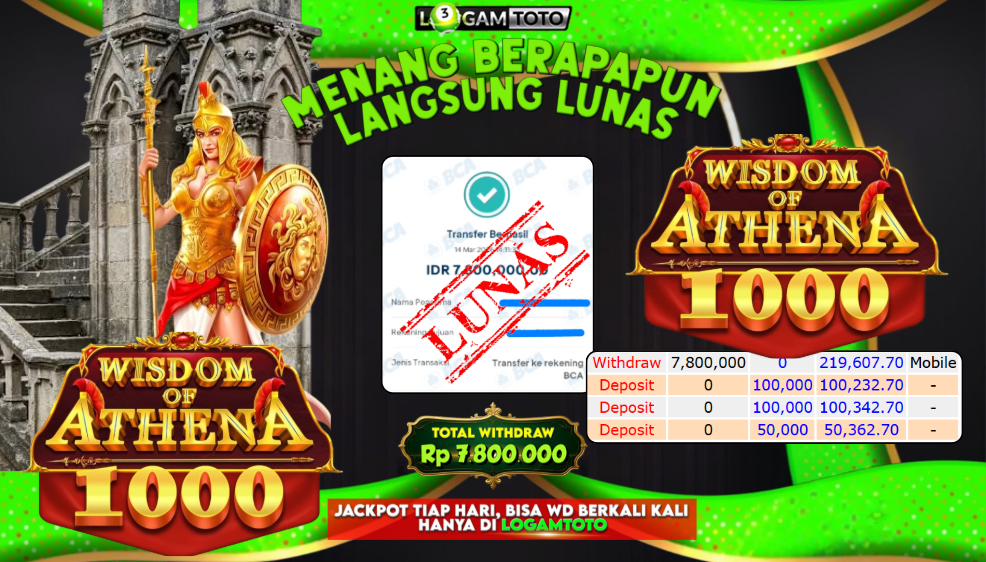 SELAMAT KEPADA MEMBER SETIA LOGAMTOTO BERHASIL JACKPOT 7.800.000 di WISDOM of ATHENA 1000