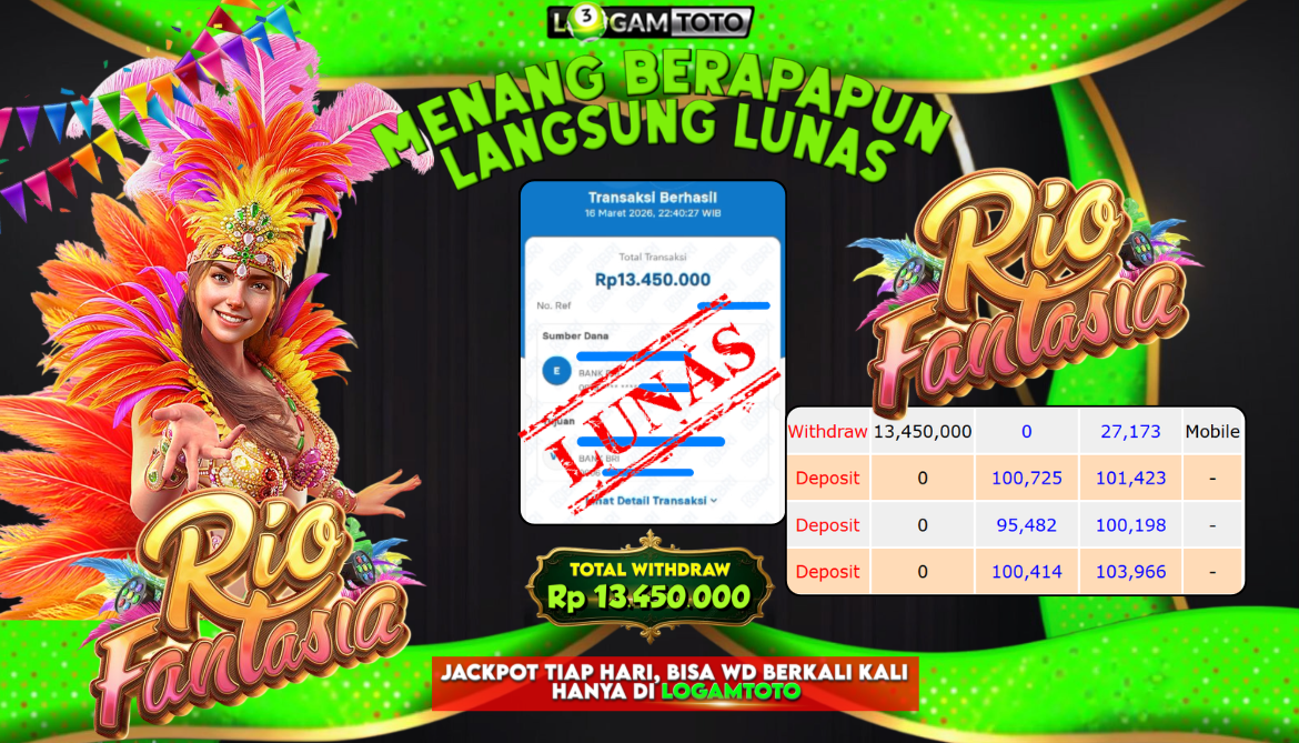 SELAMAT KEPADA MEMBER SETIA LOGAMTOTO BERHASIL JACKPOT 13.450.000 di RIO FANTASIA