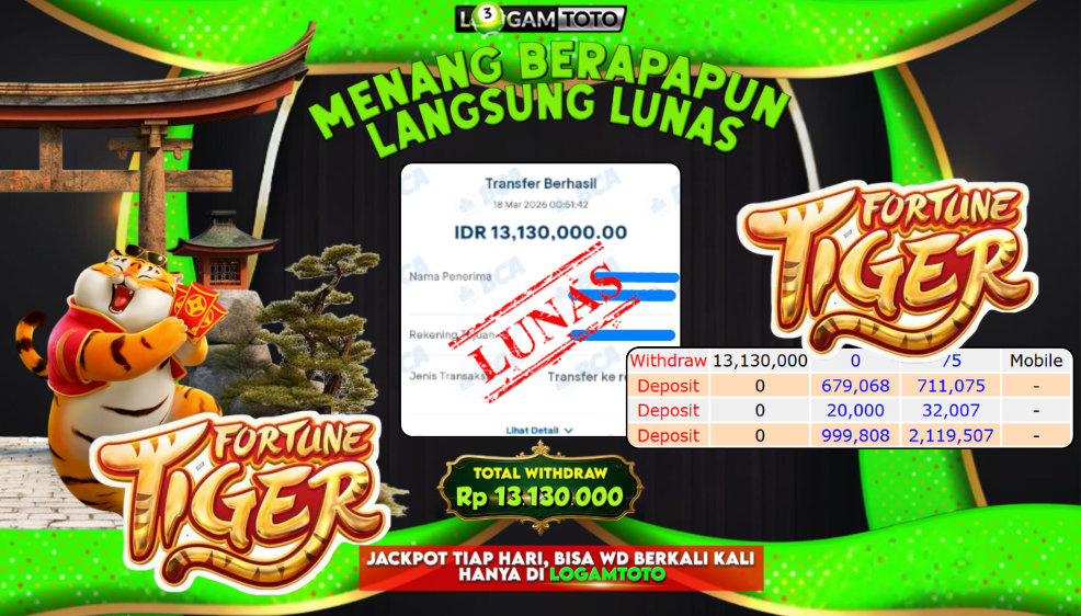 SELAMAT KEPADA MEMBER SETIA LOGAMTOTO BERHASIL JACKPOT 13.130.000 di SLOT FORTUNE TIGER