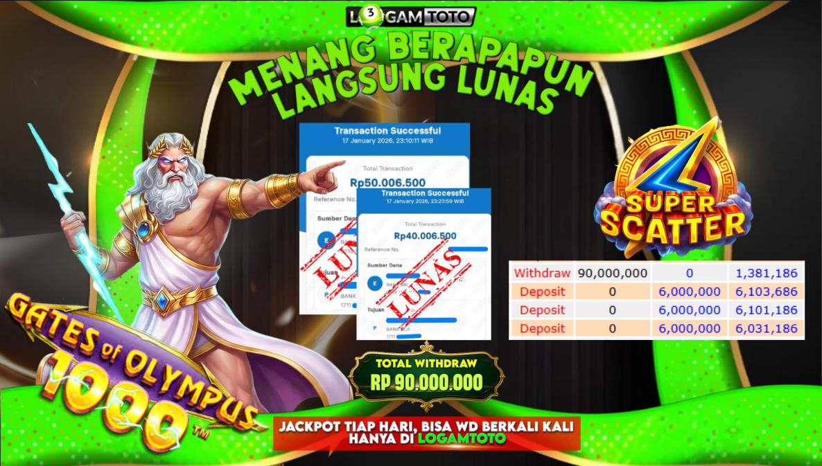 SELAMAT KEPADA MEMBER SETIA LOGAMTOTO BERHASIL JACKPOT 90.000.000 di GATES of OLYMPUS SUPERSCATTER