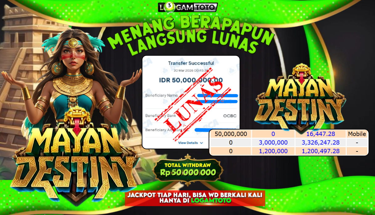 SELAMAT KEPADA MEMBER SETIA LOGAMTOTO BERHASIL JACKPOT 50.000.000 di PERMAINAN MAYAN DESTINY