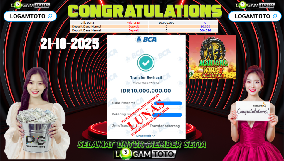 SELAMAT KEPADA MEMBER SETIA LOGAMTOTO BERHASIL JACKPOT DI PERMAINAN SLOT MAHJONG WINS 3 BLACK SCATTER