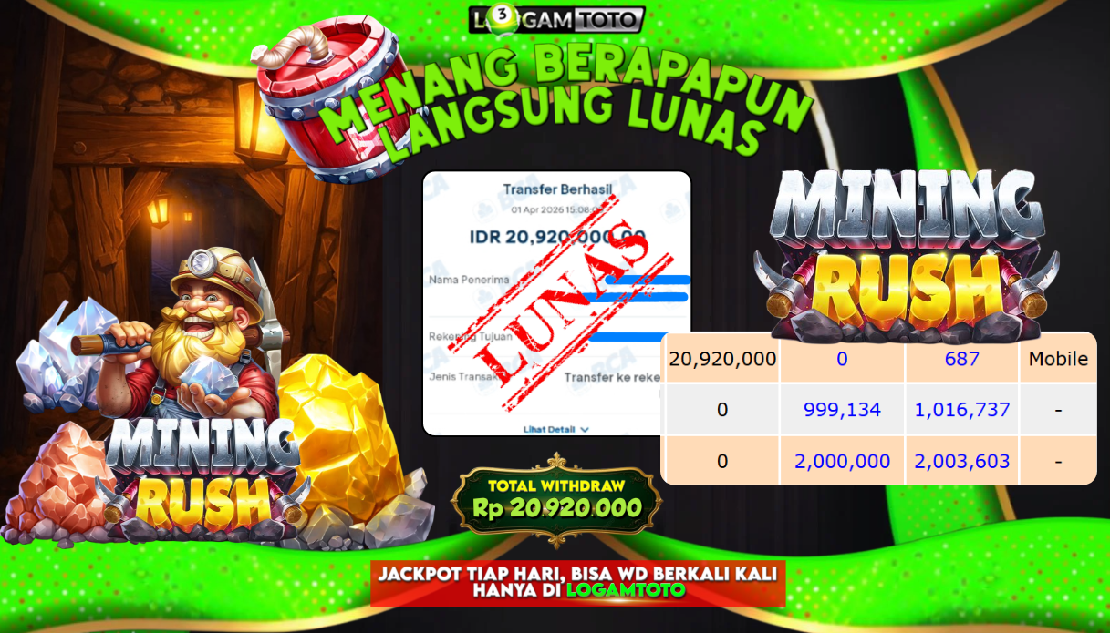 SELAMAT KEPADA MEMBER SETIA LOGAMTOTO BERHASIL JACKPOT 20.920.000 di PERMAINAN MINING RUSH