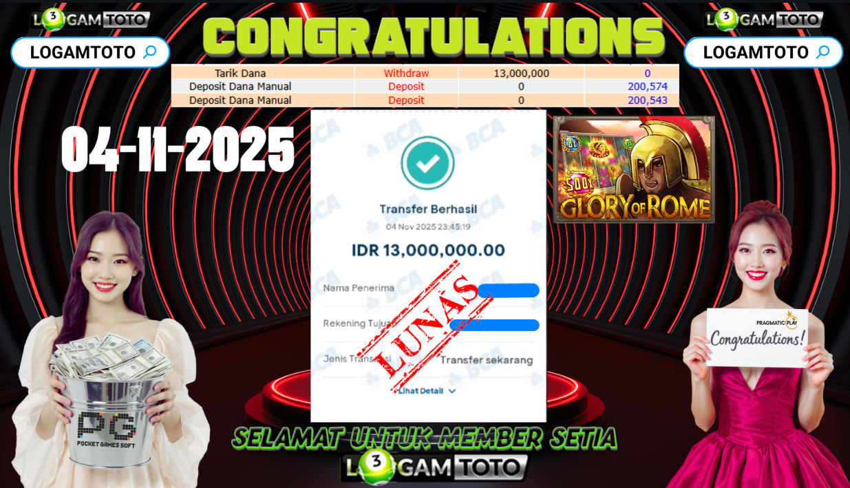 SELAMAT KEPADA MEMBER SETIA LOGAMTOTO BERHASIL JACKPOT DI PERMAINAN SLOT GLORY OF ROME 500X