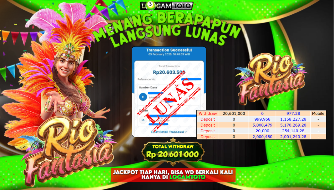SELAMAT KEPADA MEMBER SETIA LOGAMTOTO BERHASIL JACKPOT 20.601.000 di SLOT RIO FANTASIA