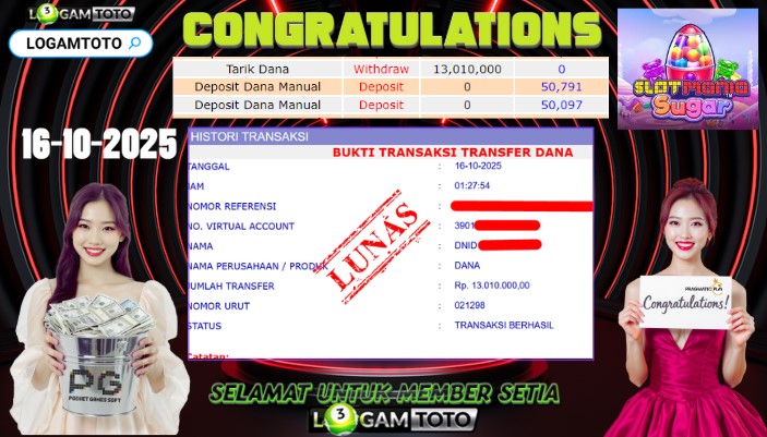 SELAMAT KEPADA MEMBER SETIA LOGAMTOTO MENDAPATKAN MEGA JACKPOT DI PERMAINAN SLOT MANIA SUGAR