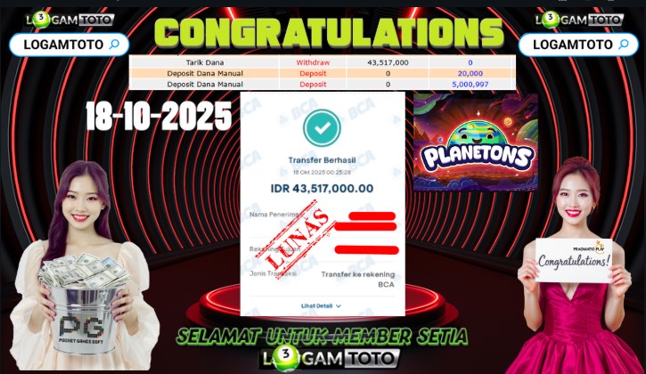 SELAMAT KEPADA MEMBER SETIA LOGAMTOTO MENDAPATKAN MEGA JACKPOT DI PERMAINAN SLOT PLANETONS