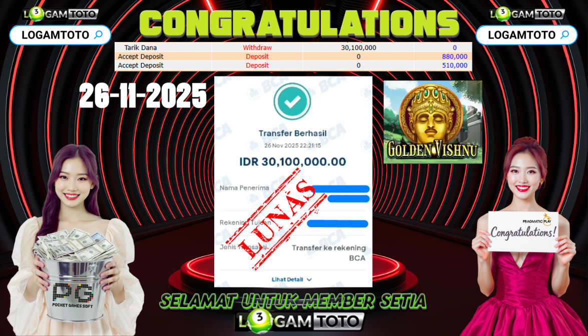 SELAMAT KEPADA MEMBER SETIA LOGAMTOTO BERHASIL JACKPOT DI PERMAINAN SLOT GOLDEN VISHNU