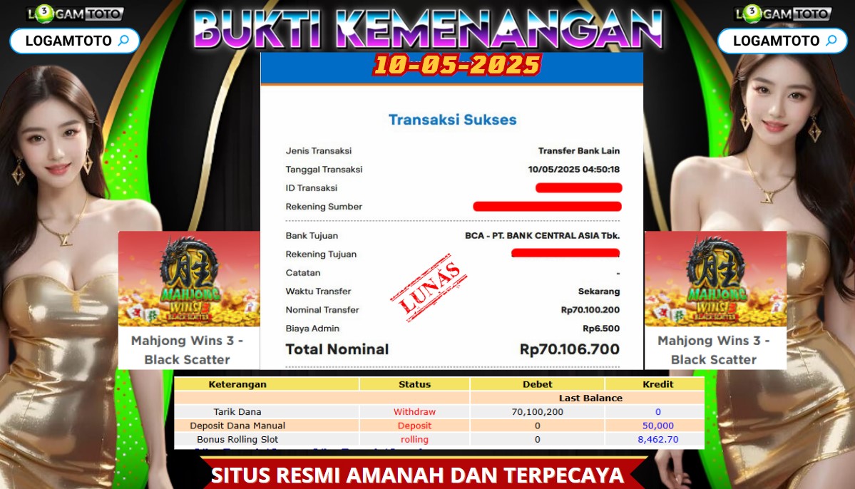 SELAMAT KEPADA MEMBER SETIA LOGAMTOTO BERHASIL MENANG MAXWIN 4 SCATER HITAM DI PERMAINAN MAHJONG WINS 3