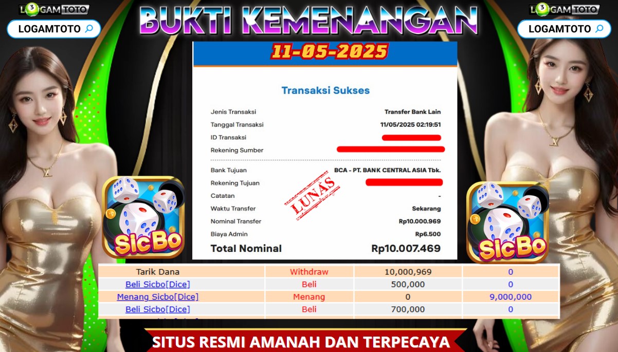 SELAMAT KEPADA MEMBER SETIA LOGAMTOTO BERHASIL JACKPOT DI PERMAINAN LIVE CASINO SICBO (DICE)
