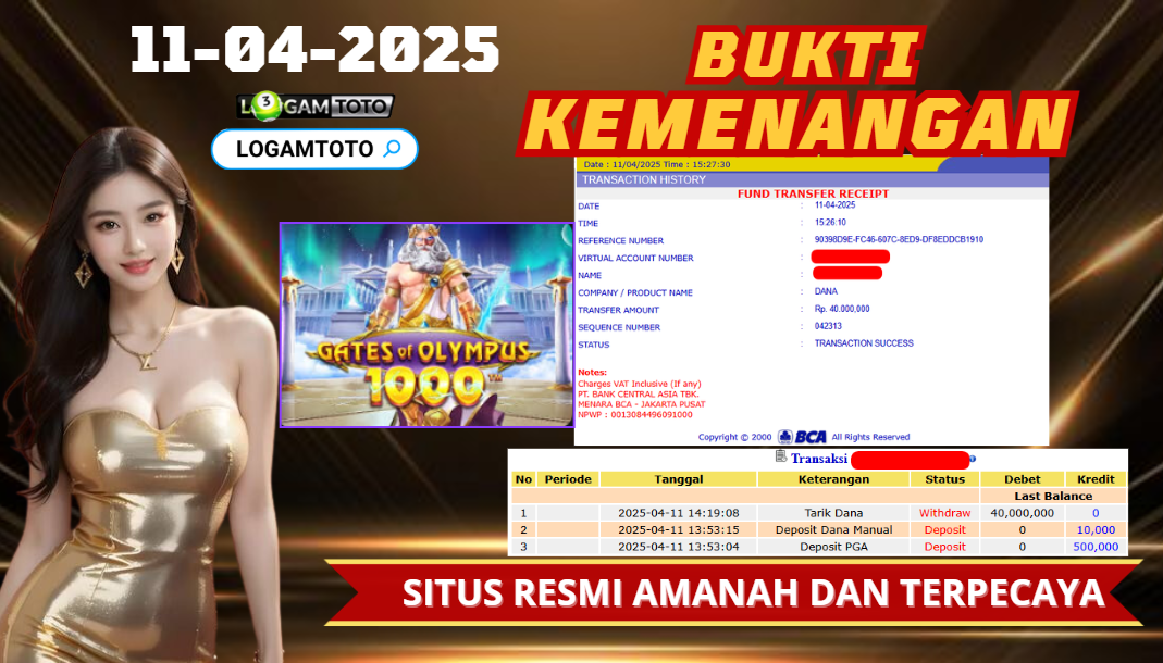 SELAMAT KEPADA MEMBER SETIA LOGAMTOTO BERHASIL JACKPOT DI PERMAINAN SLOT GATES OF OLYMPUS 1000